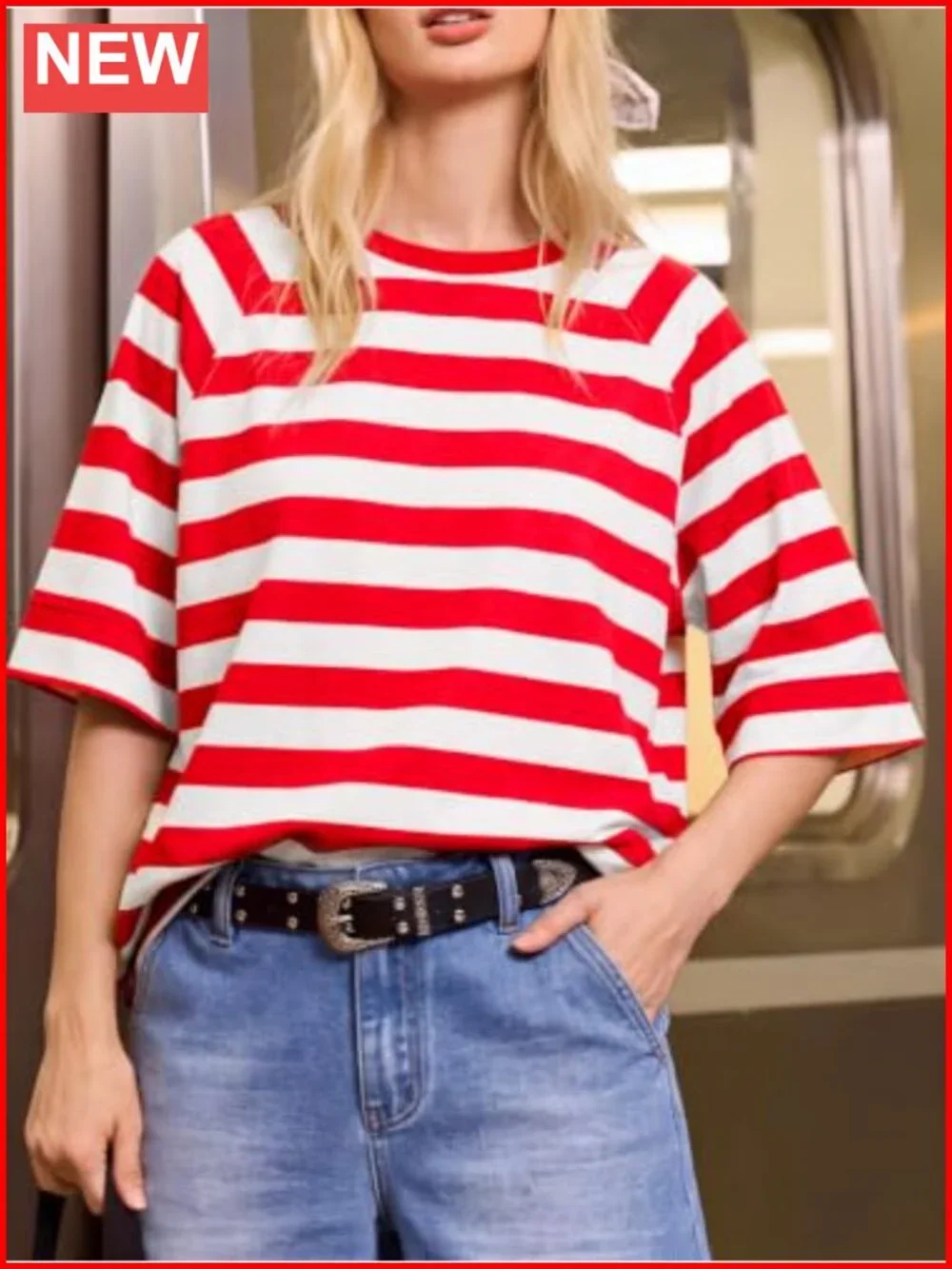 Oversized Half Sleeve Striped Boxy T-Shirt Casual Crew Neck Tee